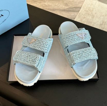 PRA RAFFIA CORK SLIDE SKY CALFSKIN
