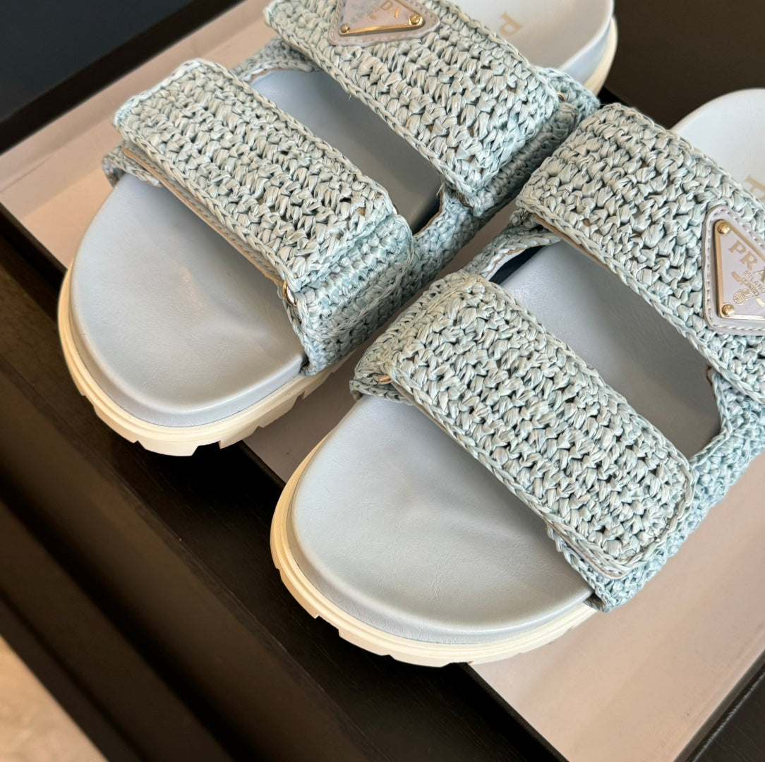 PRA RAFFIA CORK SLIDE SKY CALFSKIN