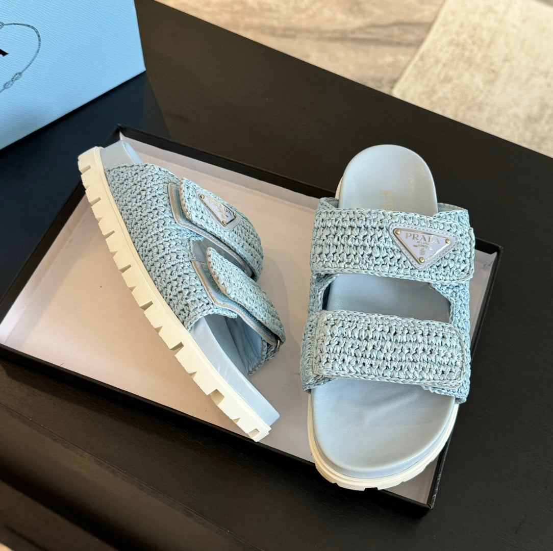 PRA RAFFIA CORK SLIDE SKY CALFSKIN