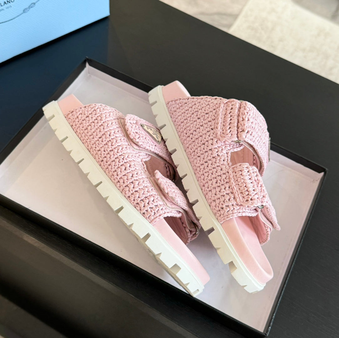 PRA RAFFIA CORK SLIDE LIGHT PINK CALFSKIN