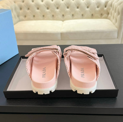 PRA RAFFIA CORK SLIDE LIGHT PINK CALFSKIN