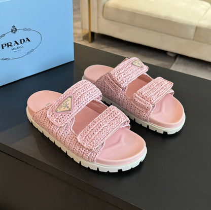 PRA RAFFIA CORK SLIDE LIGHT PINK CALFSKIN