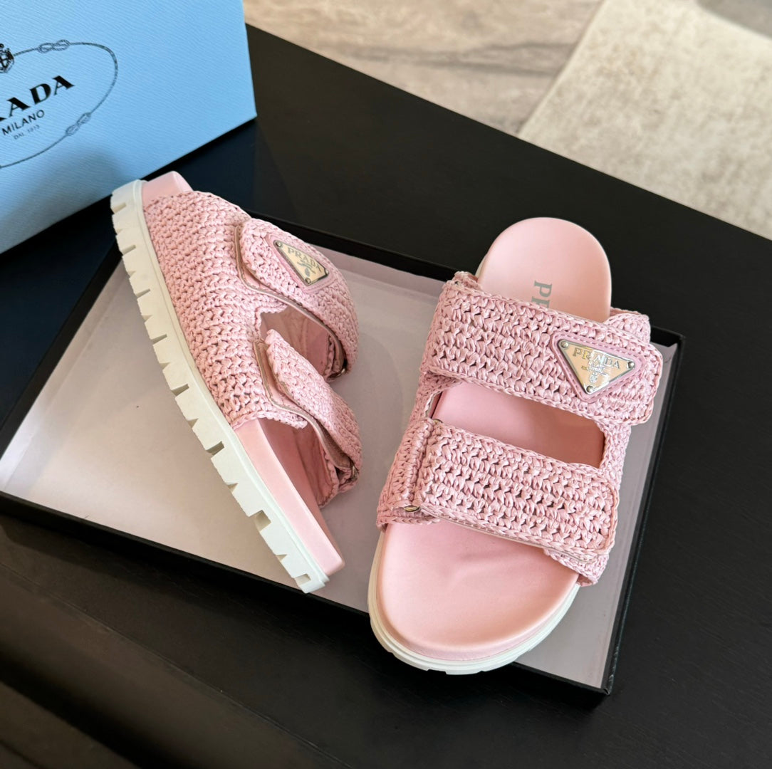 PRA RAFFIA CORK SLIDE LIGHT PINK CALFSKIN