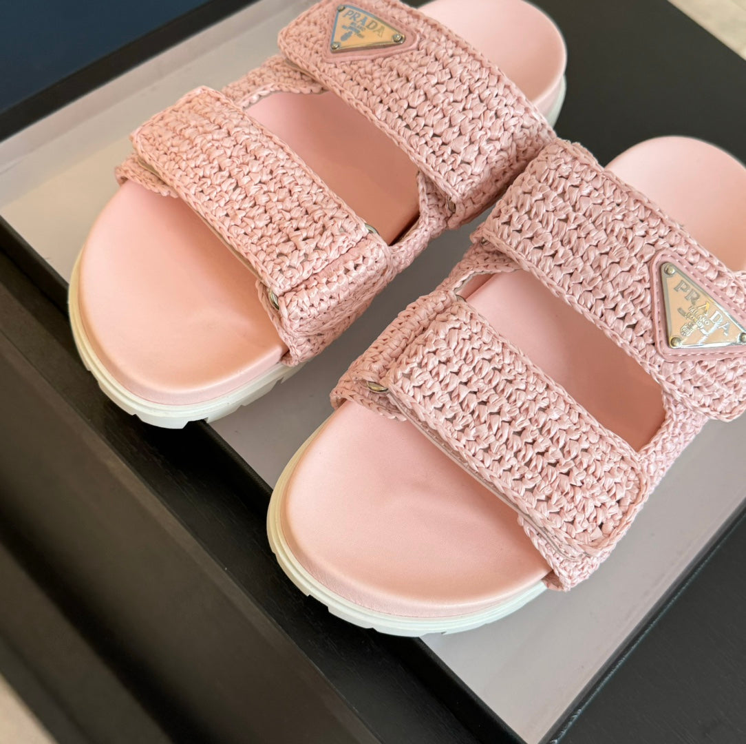 PRA RAFFIA CORK SLIDE LIGHT PINK CALFSKIN