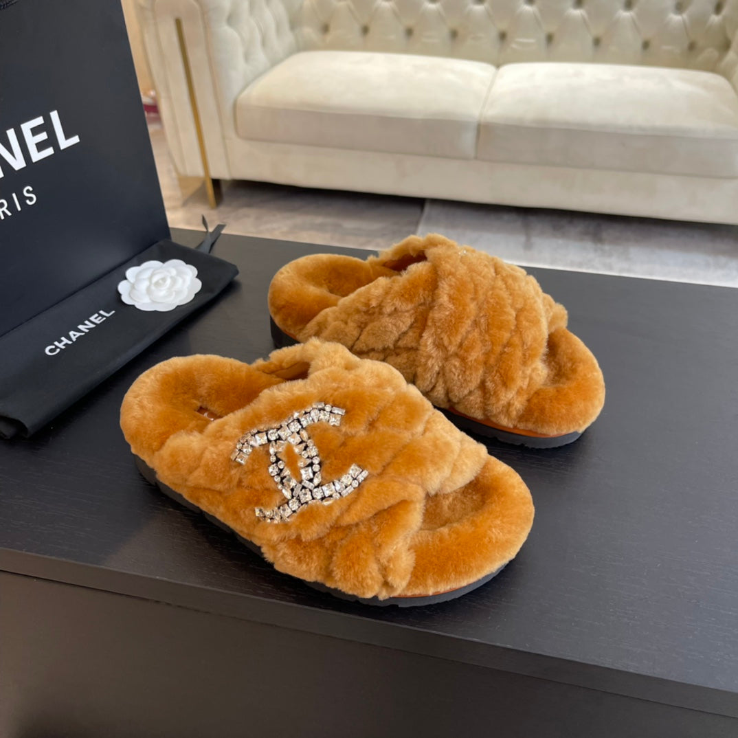 SAFETY ORANGE FUR CROSS STRAP SLIPPERS