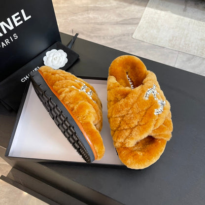 SAFETY ORANGE FUR CROSS STRAP SLIPPERS
