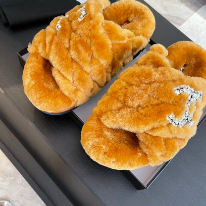 SAFETY ORANGE FUR CROSS STRAP SLIPPERS