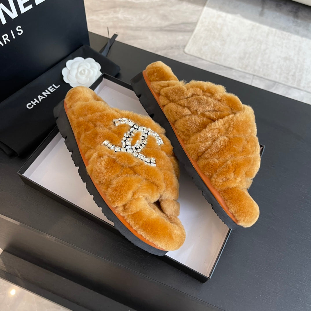 SAFETY ORANGE FUR CROSS STRAP SLIPPERS