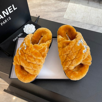 SAFETY ORANGE FUR CROSS STRAP SLIPPERS