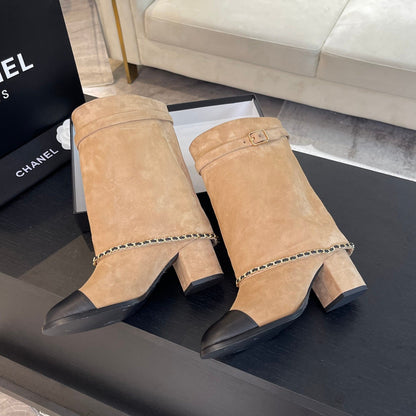 SHORT BOOTS 6.5 CM IN CIDER BROWN SUEDE AND BLACK CALFSKIN