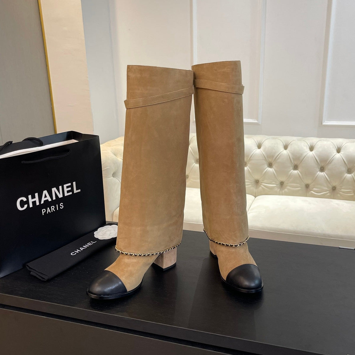 HIGH BOOTS 6.5 CM IN CIDER BROWN SUEDE AND BLACK CALFSKIN