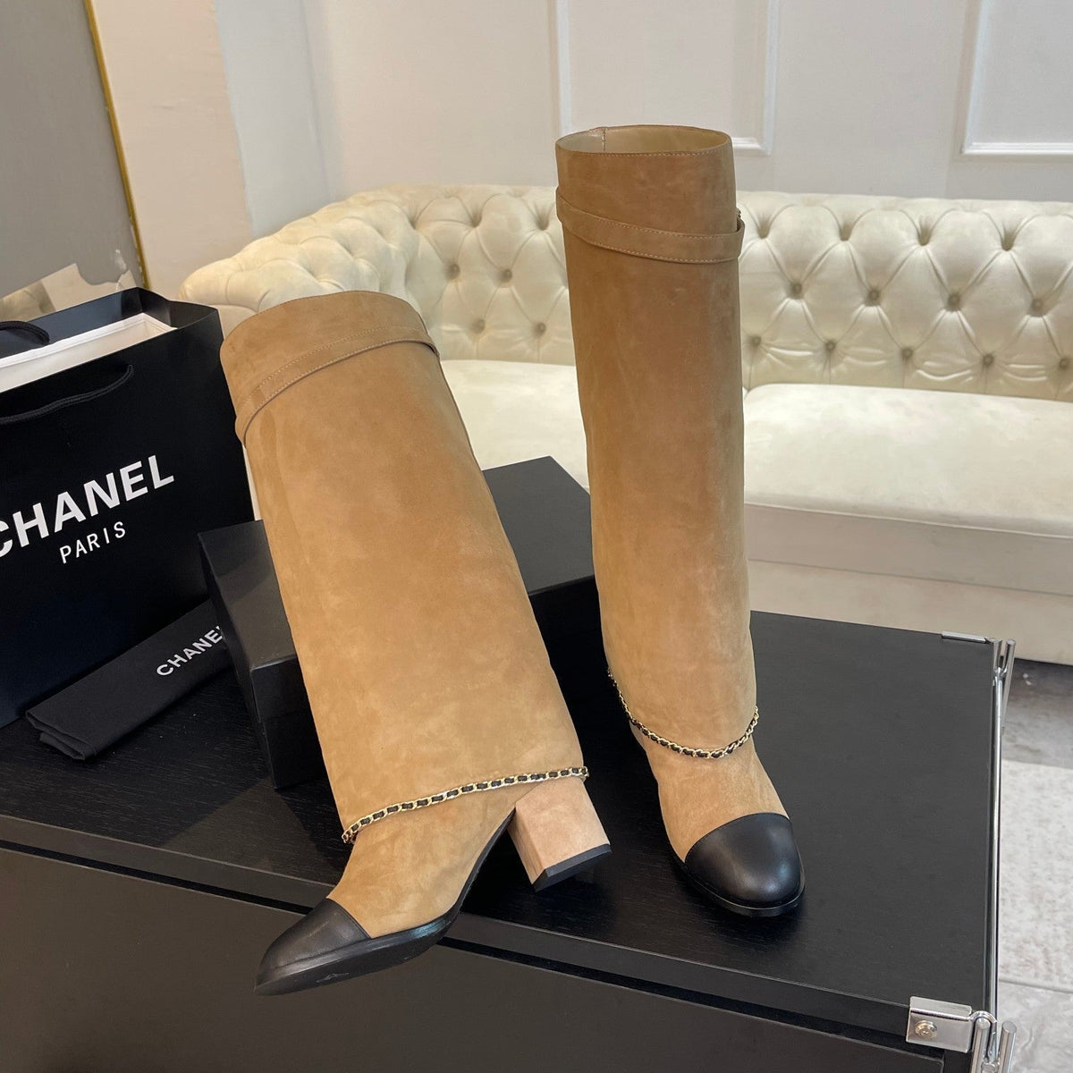 HIGH BOOTS 6.5 CM IN CIDER BROWN SUEDE AND BLACK CALFSKIN