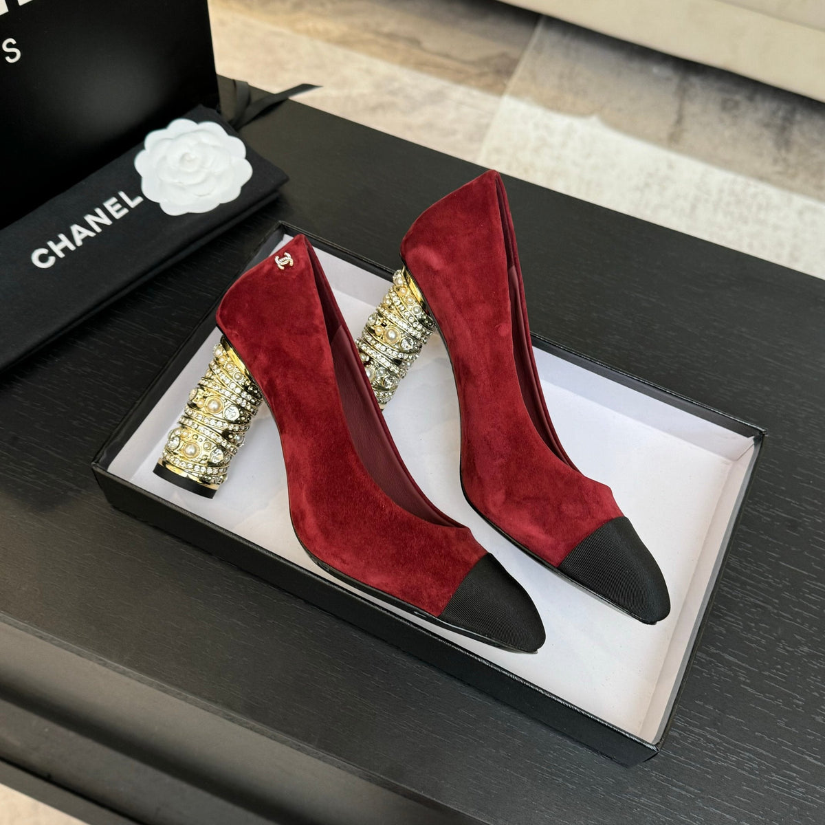 HIGH HEEL 85 MM SANDALS IN RUBY RED SUEDE AND BLACK FABRIC