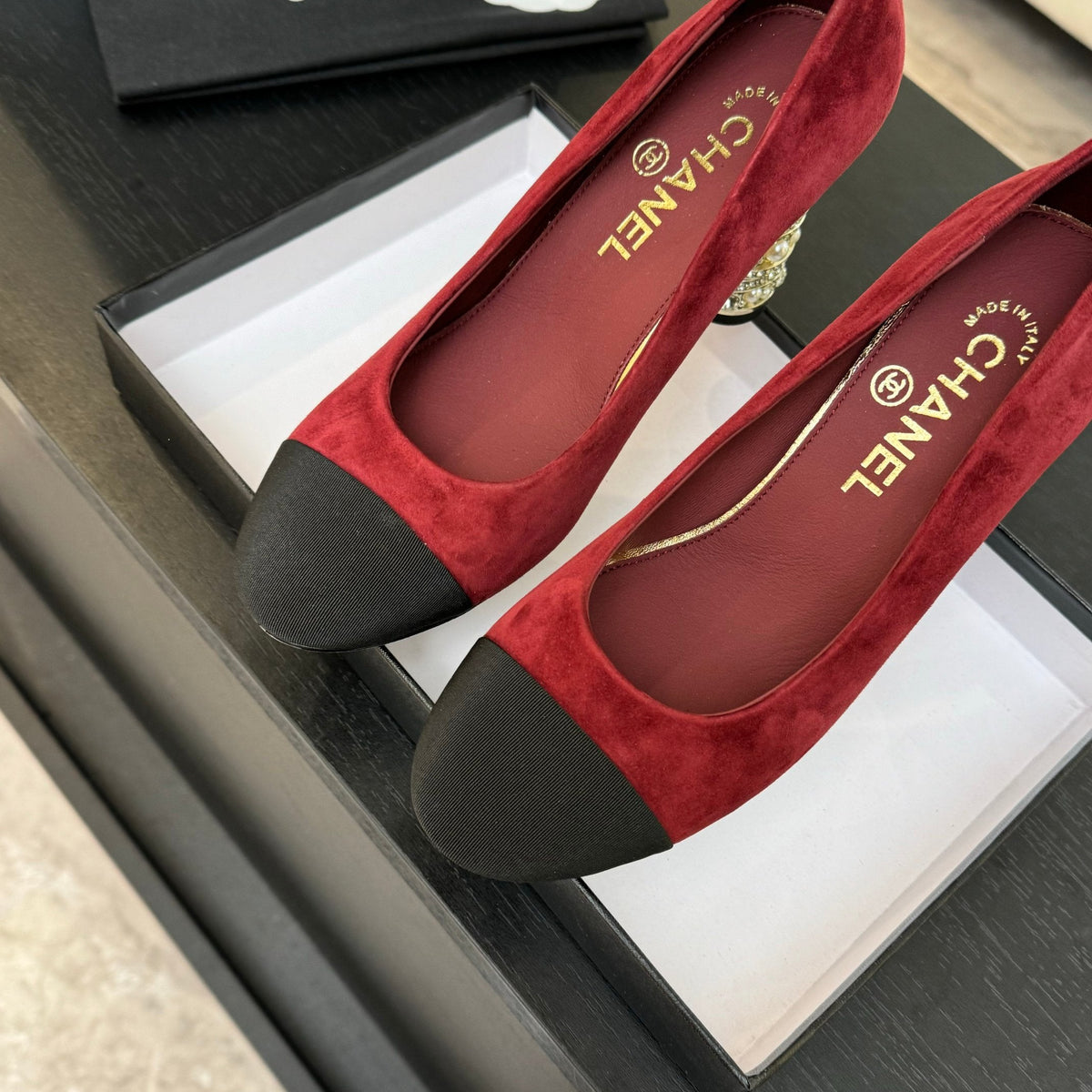 HIGH HEEL 85 MM SANDALS IN RUBY RED SUEDE AND BLACK FABRIC