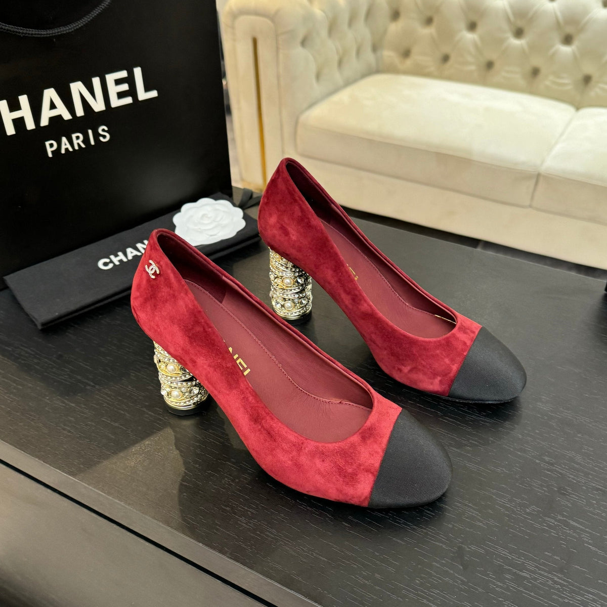 HIGH HEEL 85 MM SANDALS IN RUBY RED SUEDE AND BLACK FABRIC