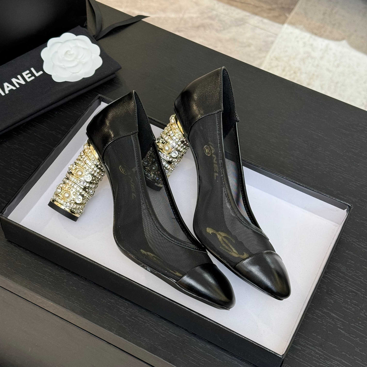 HIGH HEEL 85 MM SANDALS IN BLACK CALFSKIN AND MESH