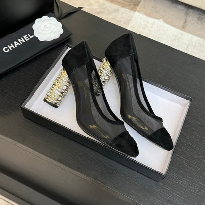 HIGH HEEL 85 MM SANDALS IN BLACK SUEDE AND MESH