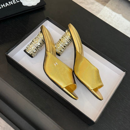 T-STRAP PEARL HEEL 85 MM SANDALS IN GOLD LAMBSKIN MULE