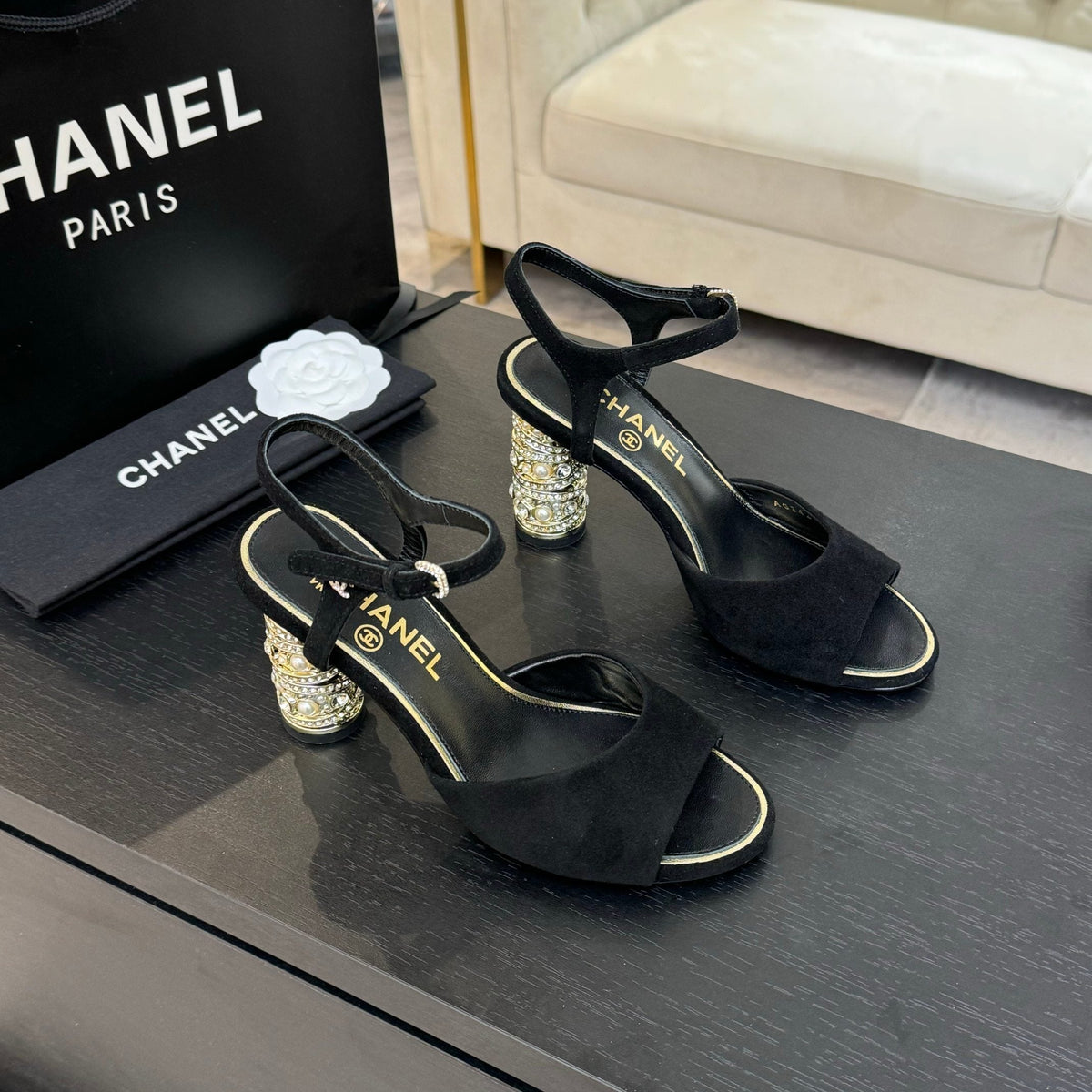 T-STRAP PEARL HEEL 85 MM SANDALS IN BLACK SUEDE