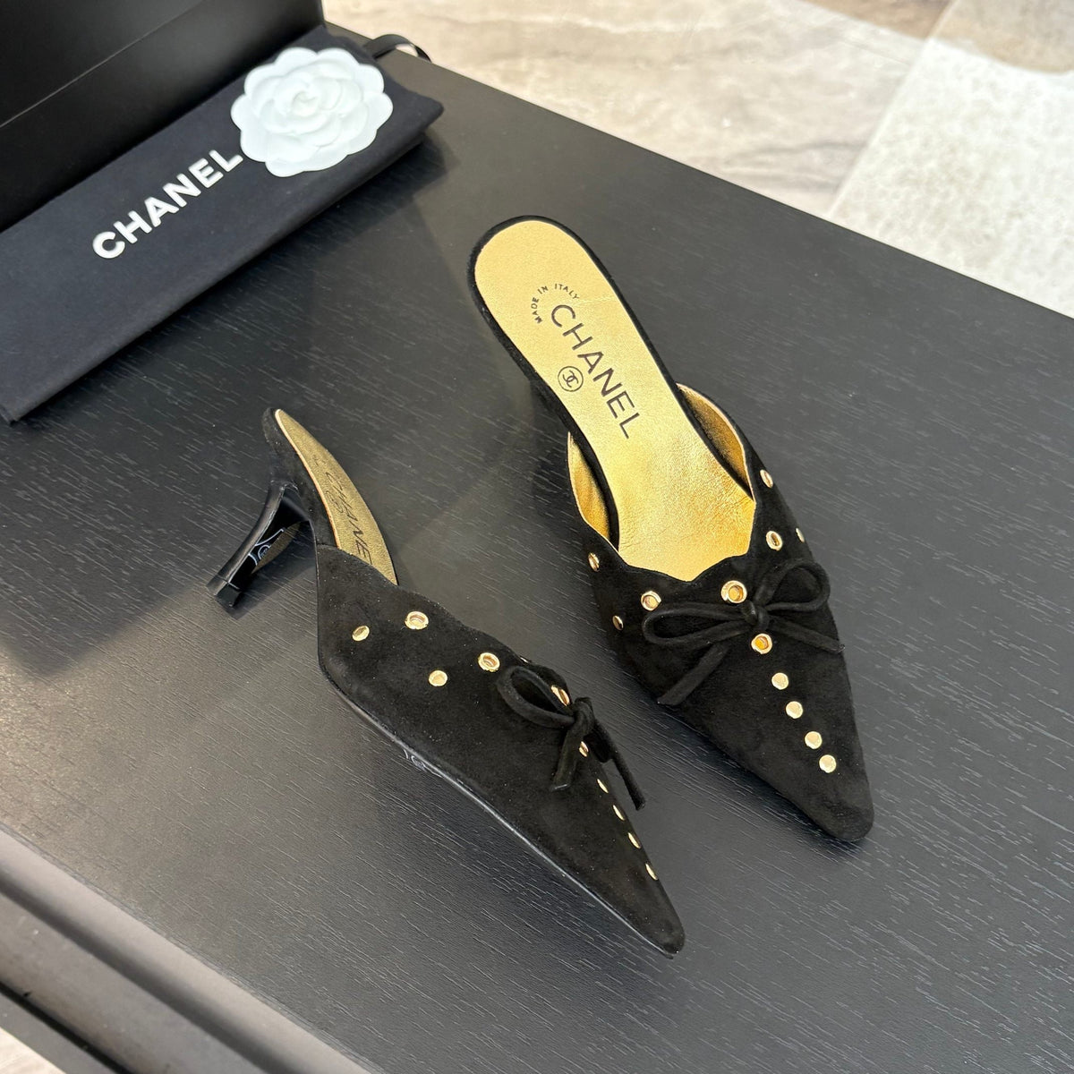 HIGH HEEL MULE 65 MM IN BLACK SUEDE