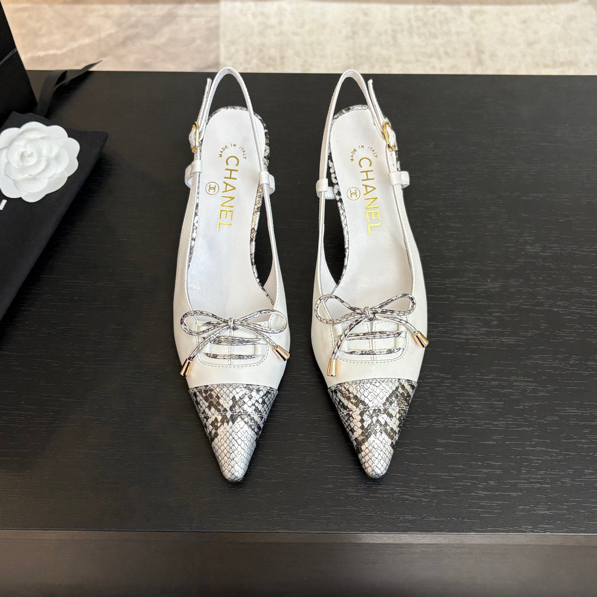 HIGH HEEL SLINGBACKS 65 MM IN WHITE WITH SNAKESKIN PATTERN LAMBSKIN