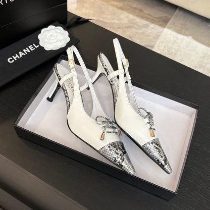 HIGH HEEL SLINGBACKS 65 MM IN WHITE WITH SNAKESKIN PATTERN LAMBSKIN