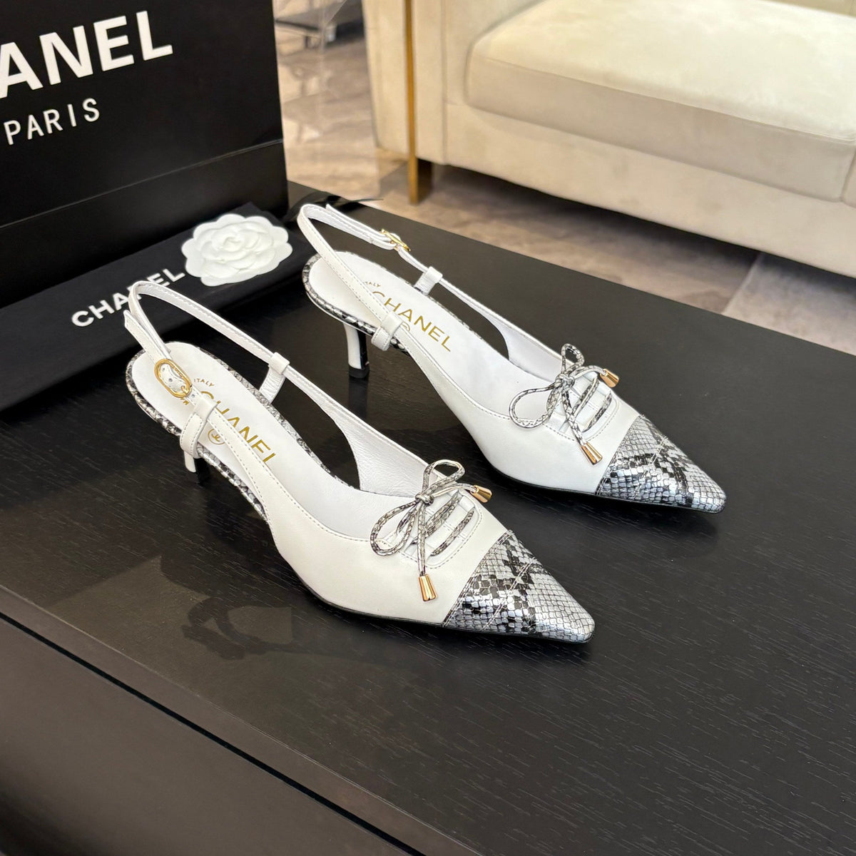 HIGH HEEL SLINGBACKS 65 MM IN WHITE WITH SNAKESKIN PATTERN LAMBSKIN