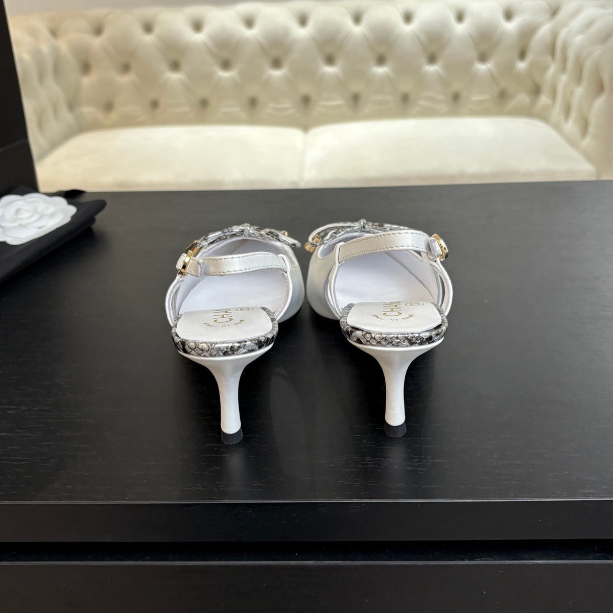 HIGH HEEL SLINGBACKS 65 MM IN WHITE WITH SNAKESKIN PATTERN LAMBSKIN