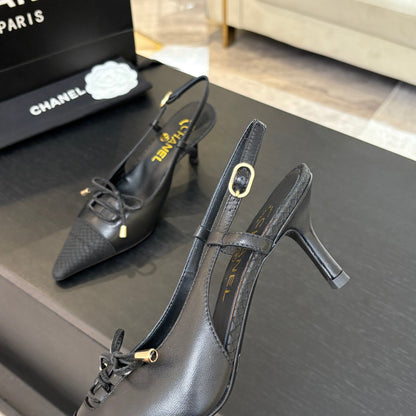 HIGH HEEL SLINGBACKS 65 MM IN BLACK WITH SNAKESKIN PATTERN LAMBSKIN