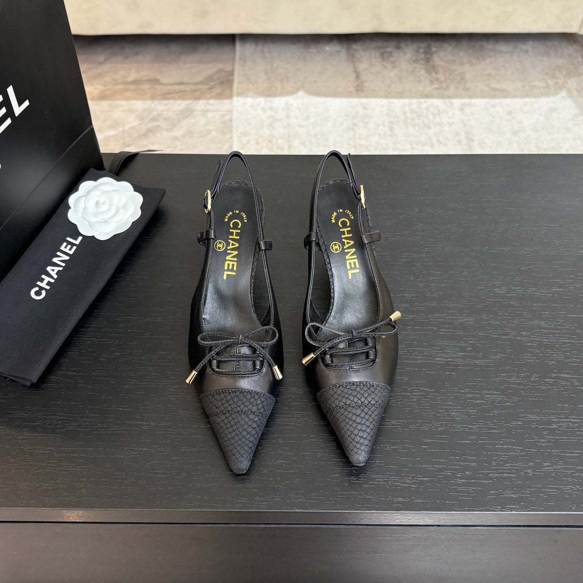 HIGH HEEL SLINGBACKS 65 MM IN BLACK WITH SNAKESKIN PATTERN LAMBSKIN