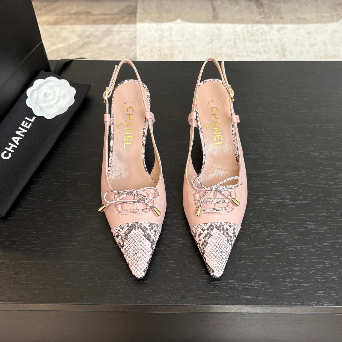 HIGH HEEL SLINGBACKS 65 MM IN BABY PINK WITH SNAKESKIN PATTERN LAMBSKIN