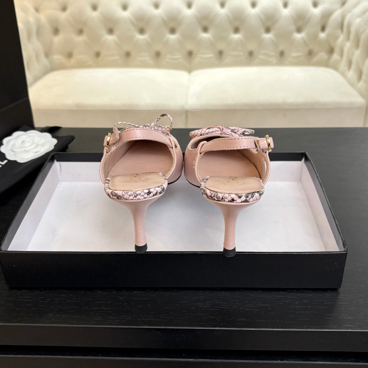 HIGH HEEL SLINGBACKS 65 MM IN BABY PINK WITH SNAKESKIN PATTERN LAMBSKIN