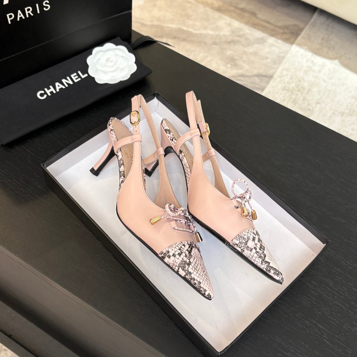 HIGH HEEL SLINGBACKS 65 MM IN BABY PINK WITH SNAKESKIN PATTERN LAMBSKIN