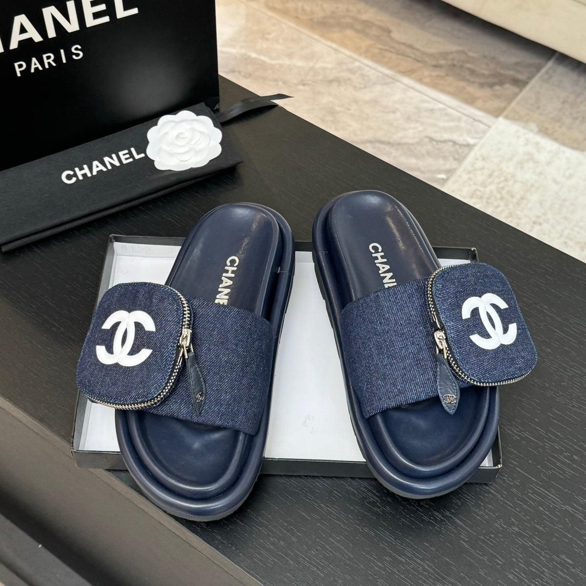 SLIDE IN NAVY BLUE DENIM FABRIC 45 MM