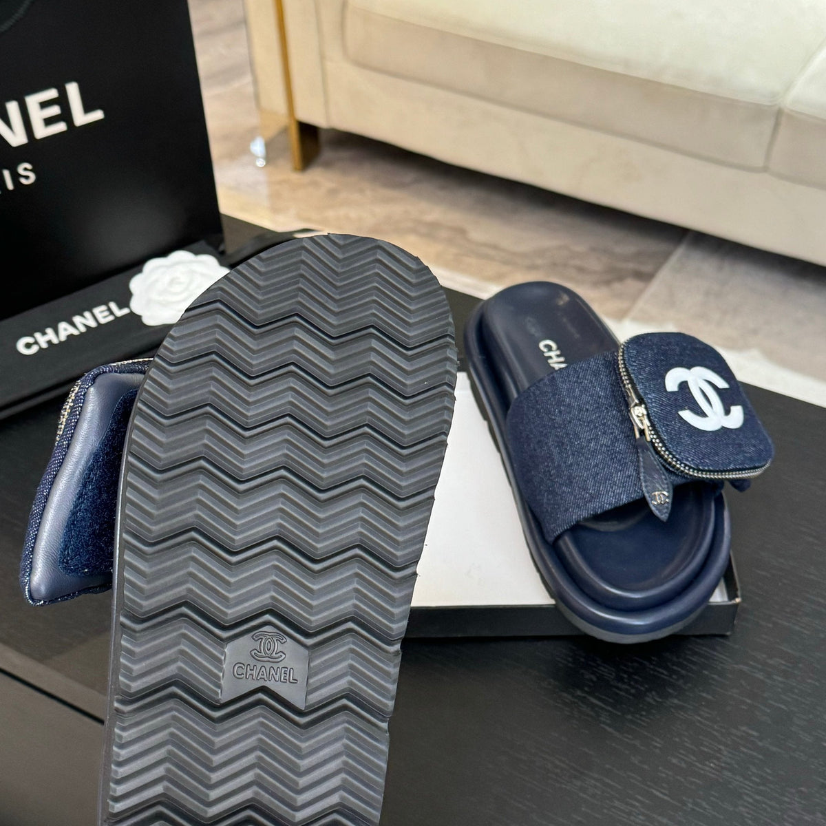 SLIDE IN NAVY BLUE DENIM FABRIC 45 MM