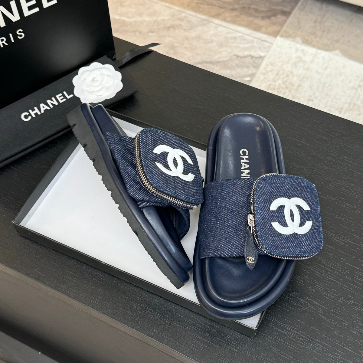 SLIDE IN NAVY BLUE DENIM FABRIC 45 MM