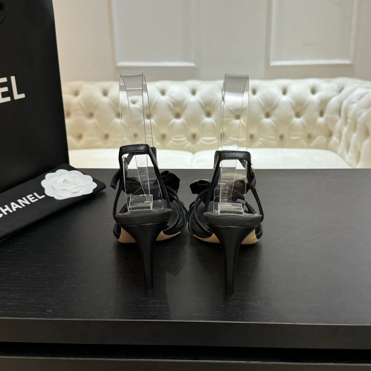 HIGH HEEL SANDAL WITH BOW IN BLACK LAMBSKIN