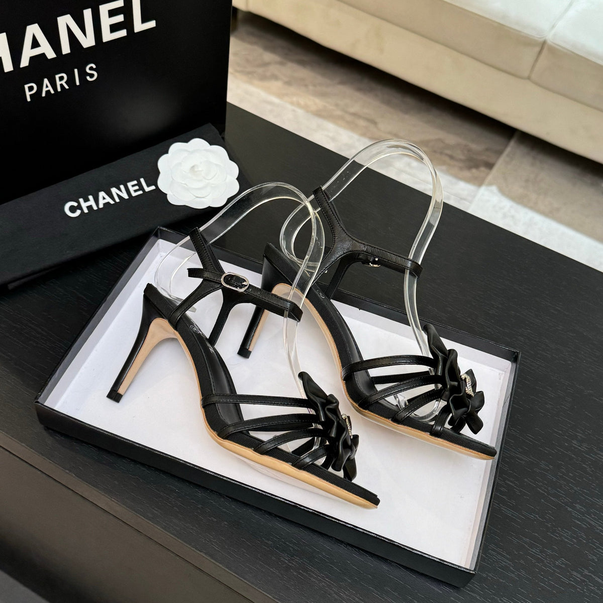 HIGH HEEL SANDAL WITH BOW IN BLACK LAMBSKIN