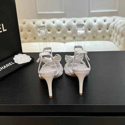 HIGH HEEL SANDAL WITH BOW IN WHITE LAMBSKIN