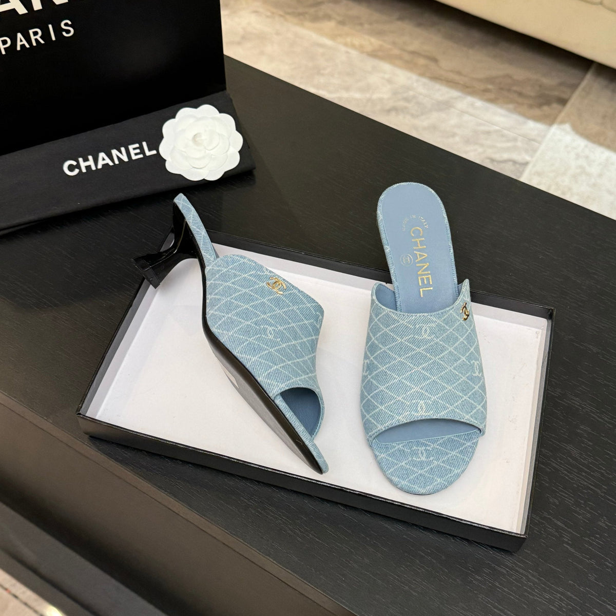 PEEP TOE MULE 55MM IN SKY BLUE DENIM CHECKERED AND LOGO
