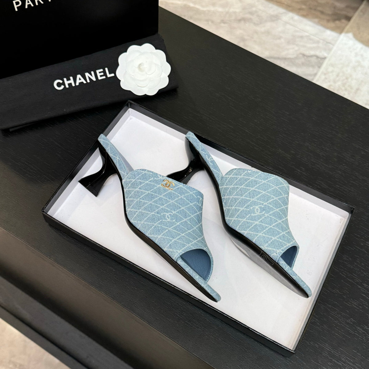 PEEP TOE MULE 55MM IN SKY BLUE DENIM CHECKERED AND LOGO