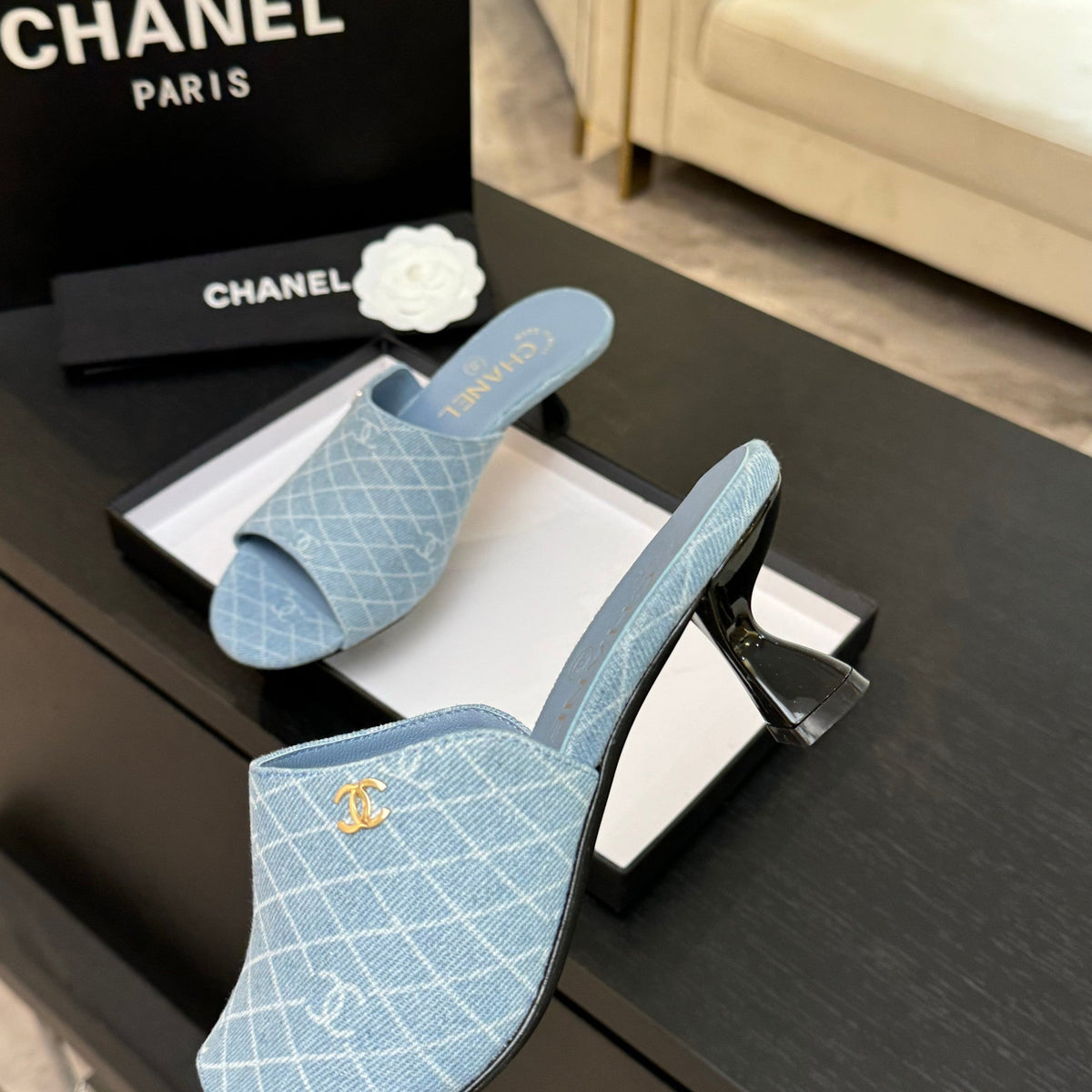 PEEP TOE MULE 55MM IN SKY BLUE DENIM CHECKERED AND LOGO