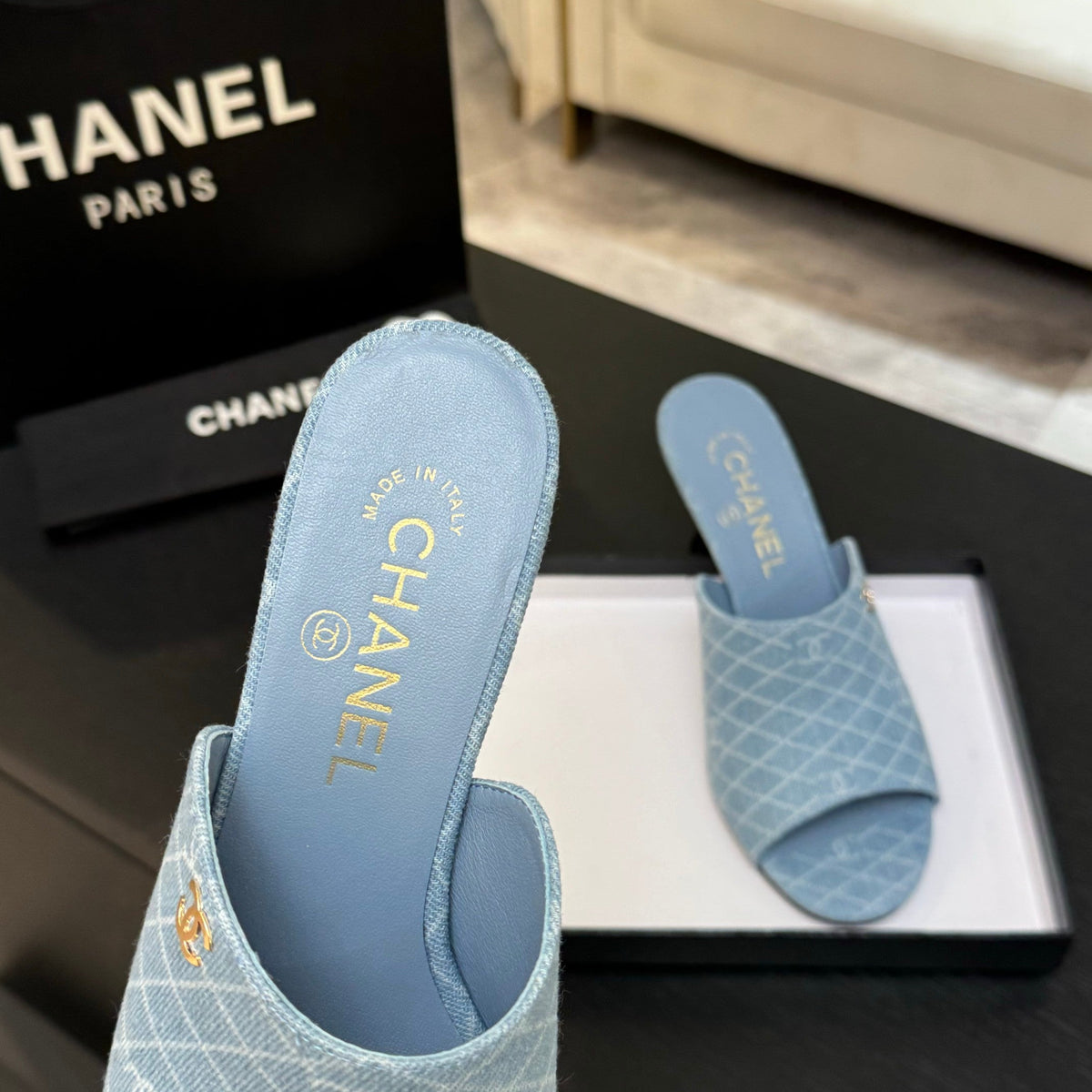 PEEP TOE MULE 85MM IN SKY BLUE DENIM CHECKERED AND LOGO