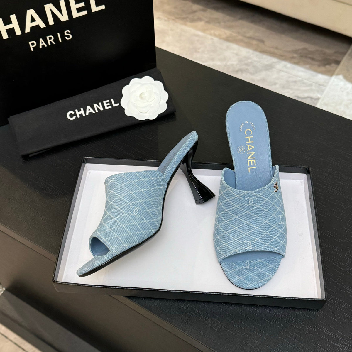 PEEP TOE MULE 85MM IN SKY BLUE DENIM CHECKERED AND LOGO