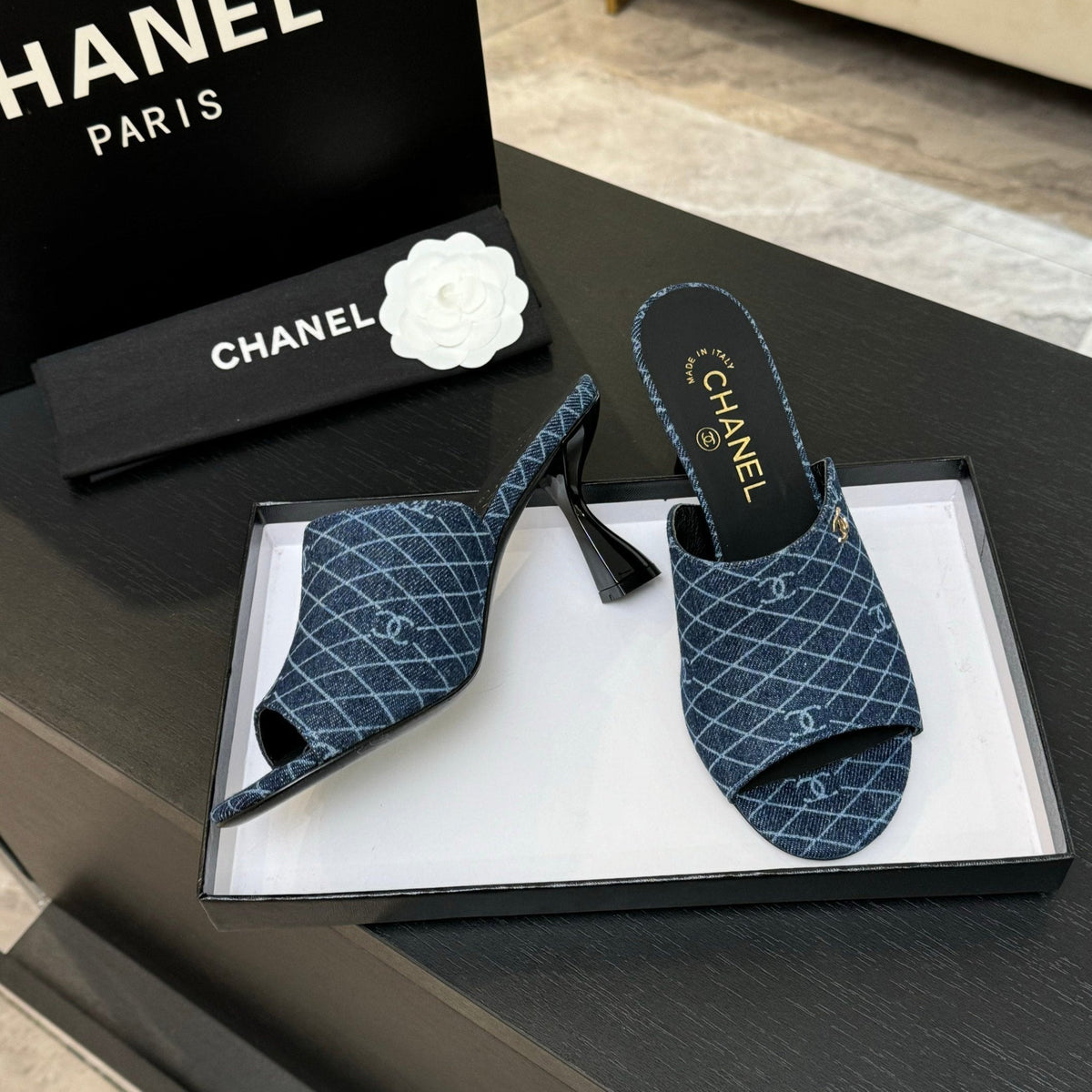 PEEP TOE MULE 85MM IN BLUE DENIM CHECKERED AND LOGO