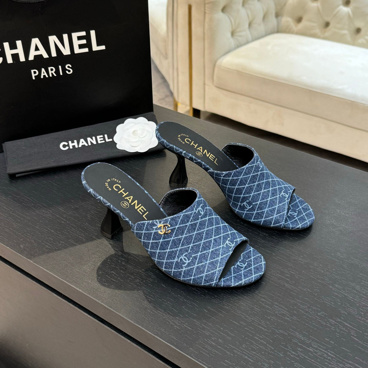 PEEP TOE MULE 85MM IN BLUE DENIM CHECKERED AND LOGO