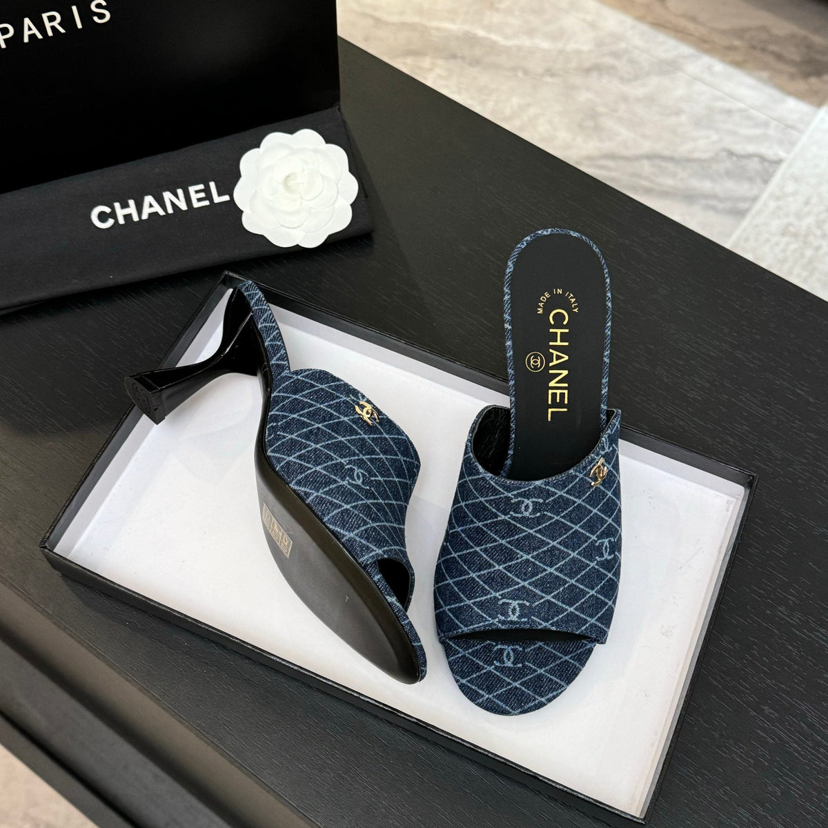 PEEP TOE MULE 85MM IN BLUE DENIM CHECKERED AND LOGO