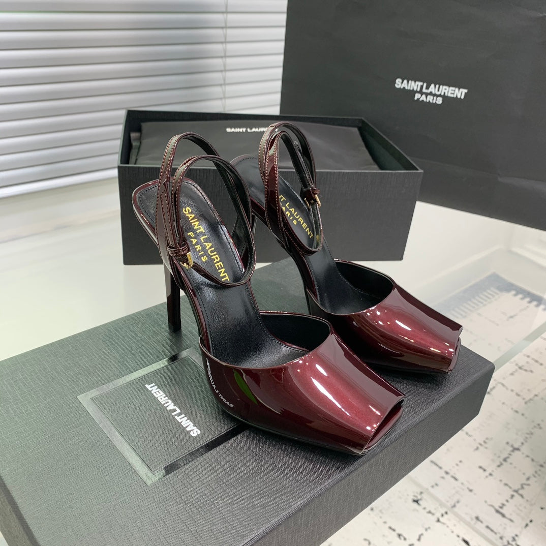SL FISH MOUTH SANDAL PUMP BERRY POLISHED CALFSKIN
