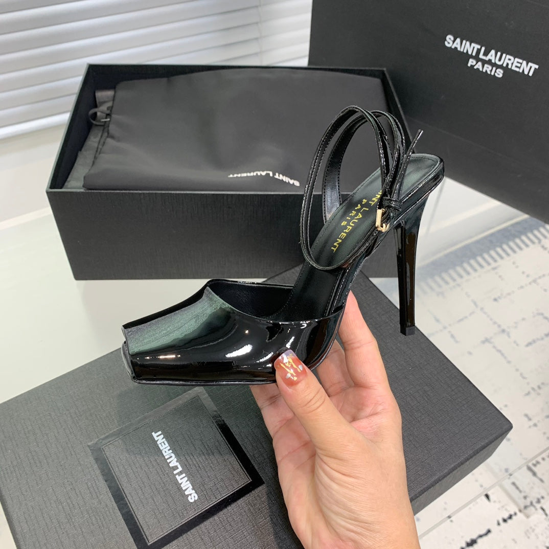 SL FISH MOUTH SANDAL PUMP BLACK POLISHED CALFSKIN