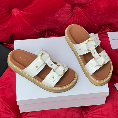 Sandal Flat White Brown Canvas